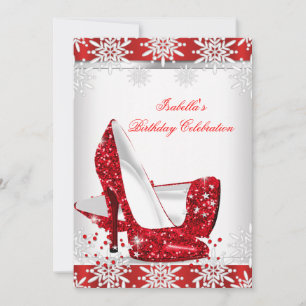 Invitación Purpurina Red High Heels White Snowflakes Cumpleañ