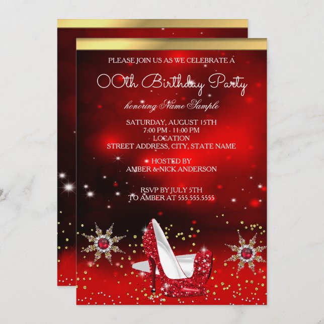Invitación Purpurina Red High Heol Shoes Fiesta de copo de ni (Anverso / Reverso)