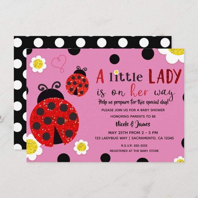 Invitación Purpurina Red Ladybug Yellow Flowers Baby Shower I (Anverso / Reverso)