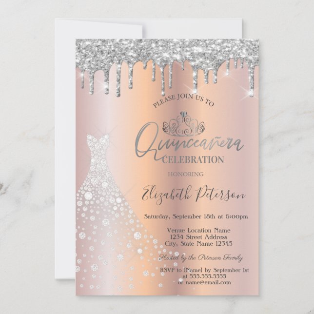 Invitación Purpurina Rinceañera de Diamante Plateado (Anverso)