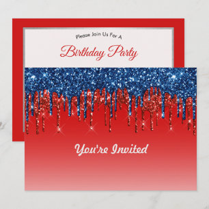 Invitación Purpurina Rojo Azul Rojo Moderno Drithday