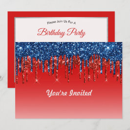 Invitación Purpurina Rojo Azul Rojo Moderno Drithday