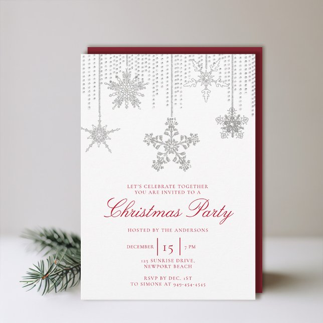 Invitación Purpurina rojo blanco gotea espuma Navidades de co (christmas party invitation elegant snowflakes sparkles minimalist modern red white black glitter)