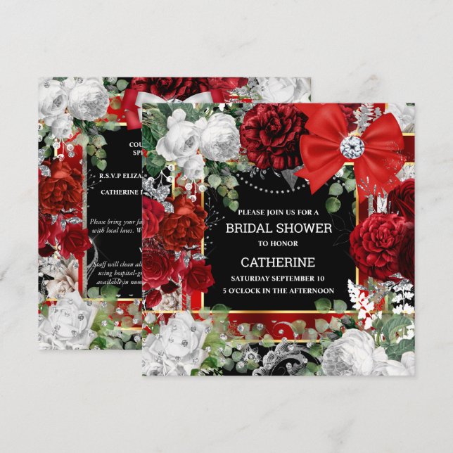 Invitación Purpurina rojo blanco negro arco diamante elegante (Anverso / Reverso)