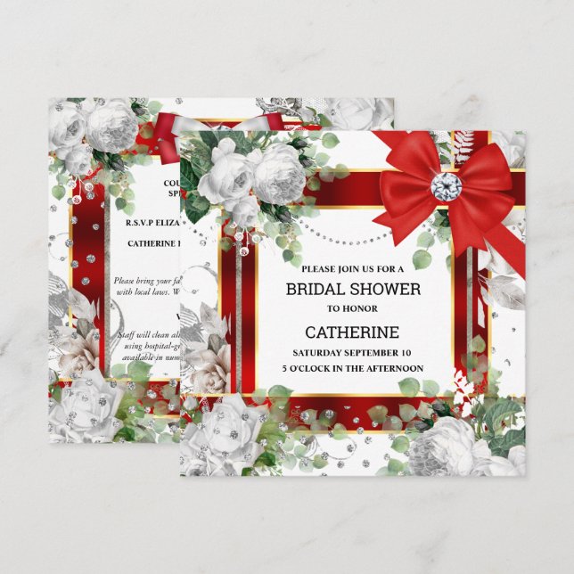 Invitación Purpurina rojo blanco verde arco diamante moda ele (Anverso / Reverso)