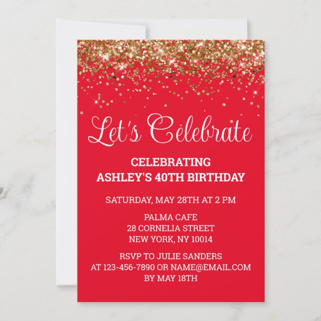 Invitación Purpurina rojo blanco y oro 40 Fiesta de cumpleaño (Anverso)