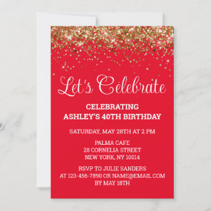 Invitación Purpurina rojo blanco y oro 40 Fiesta de cumpleaño