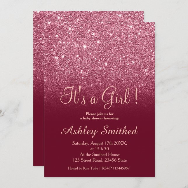 Invitación Purpurina rojo burdeos moda chica lúgubre ducha be (Anverso / Reverso)