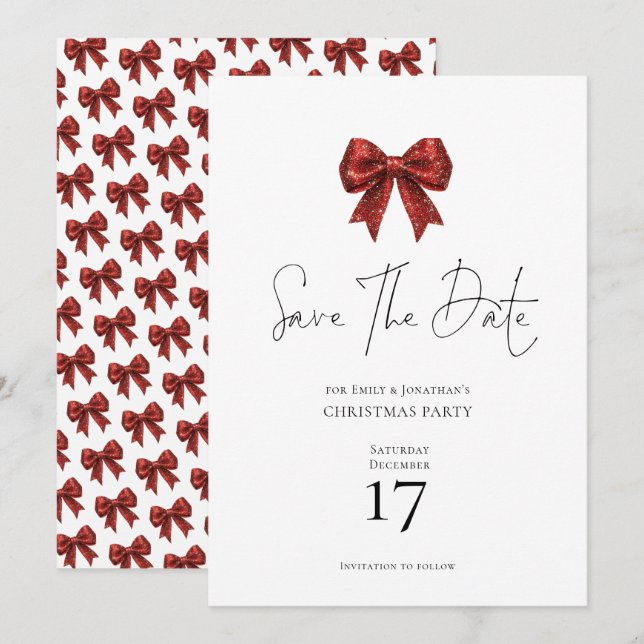Invitación Purpurina Rojo Coquette Bow Navidades salva la fec (Anverso / Reverso)