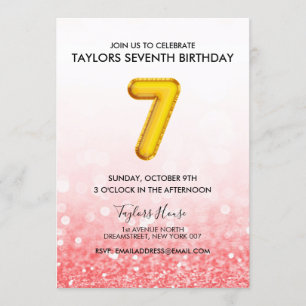 Invitación Purpurina Rojo de Globo de Oro 7 cumpleaños
