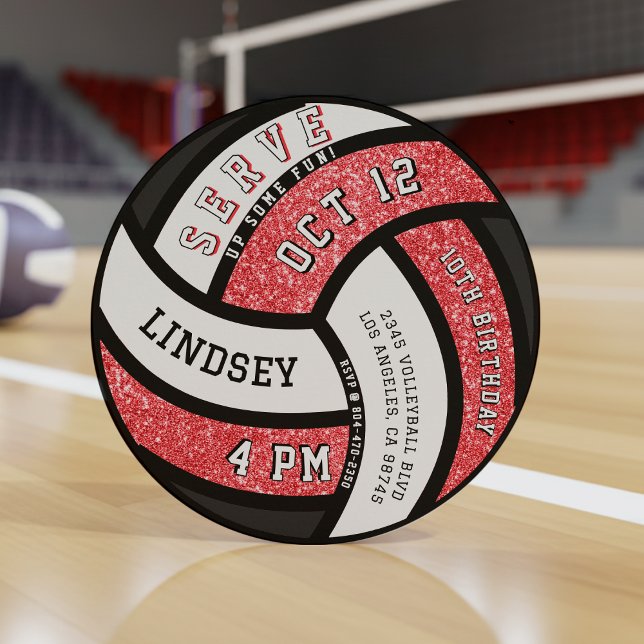 Invitación Purpurina rojo del partido de los cumpleaños del v (Volleyball Birthday Party Red Glitter Invitation
)