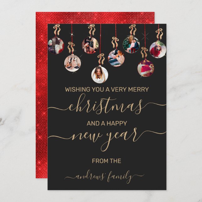 Invitación Purpurina rojo dorado colgando ornamentos Navidade (Anverso / Reverso)