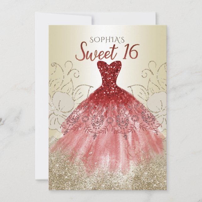 Invitación Purpurina Rojo Dorado Sparkle Vestido dulce de 16  (Anverso)