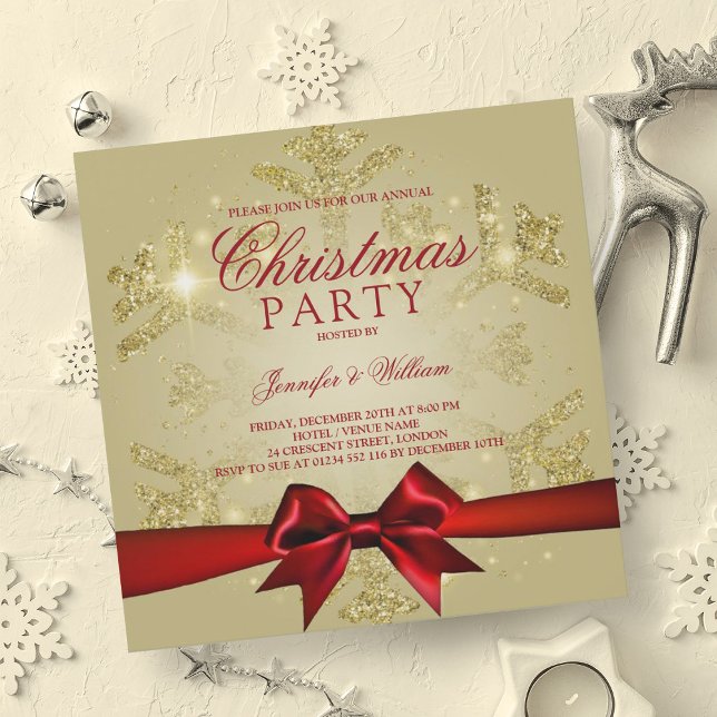 Invitación Purpurina rojo dorado y cinta de opciones | Fiesta (Gold Red Glitter & Ribbon | Xmas Holiday Party Invitation)