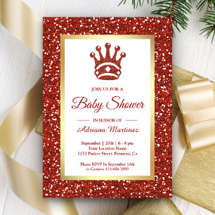 Invitación Purpurina rojo falso Tiara Princesa Baby Shower