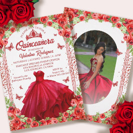 Invitación Purpurina Rojo Floral Sparkle Quinceanera