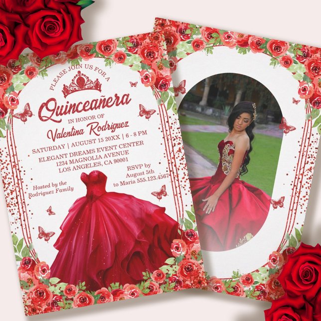 Invitación Purpurina Rojo Floral Sparkle Quinceanera (Red Glitter Floral Sparkle Quinceanera Invitation)