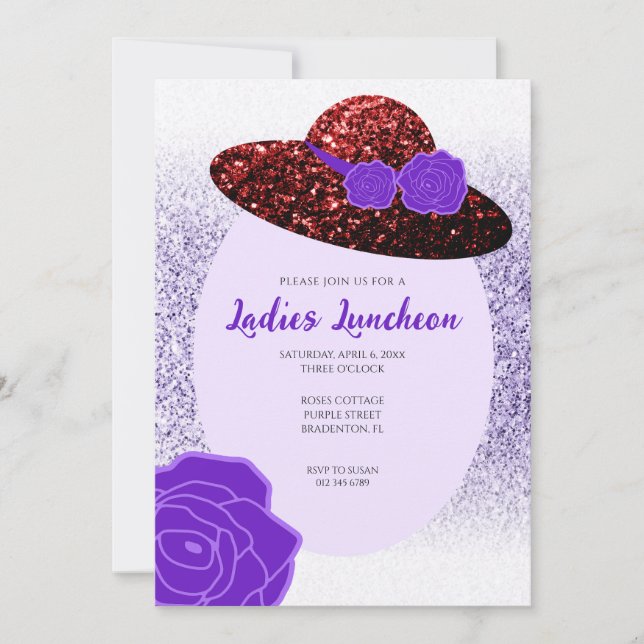 Invitación Purpurina Rojo gorra lavanda morada Damas Luncheon (Anverso)