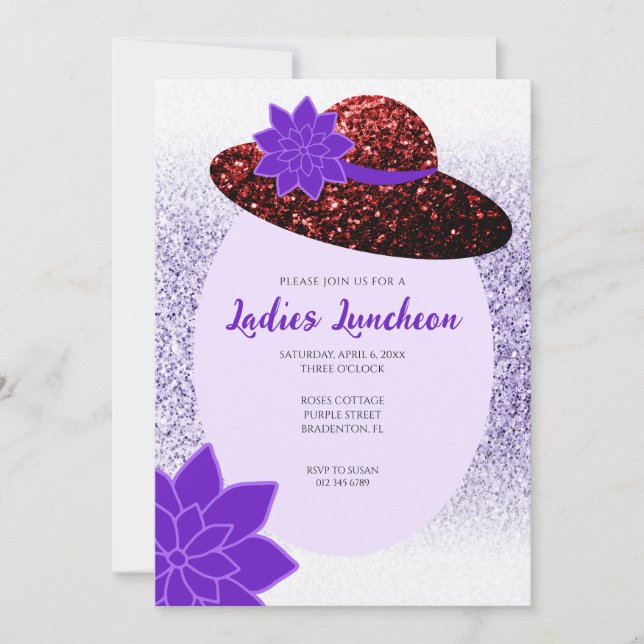Invitación Purpurina Rojo gorra lavanda morada Damas Luncheon (Anverso)