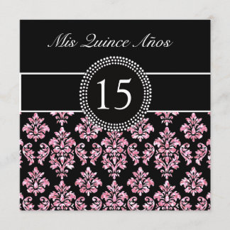 INVITACIÓN PURPURINA ROJO IMPRESO, DAMASCO NEGRO QUINCEANERA