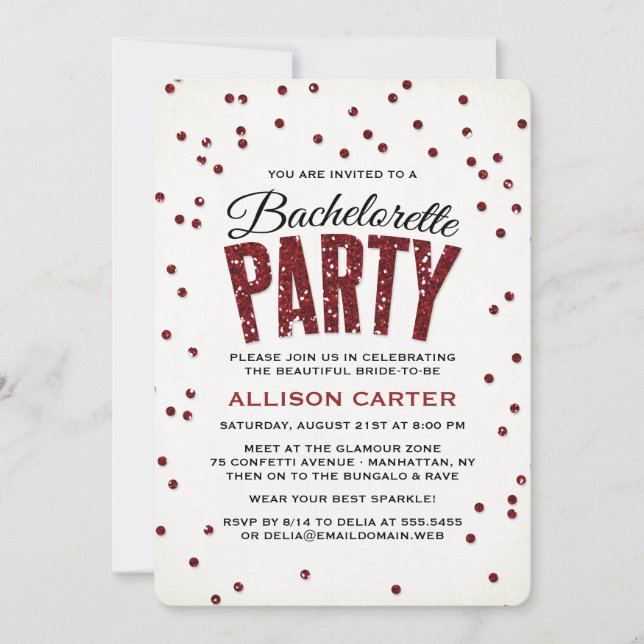 Invitación Purpurina Rojo Mira Fiesta de Bachelorette Confett (Anverso)