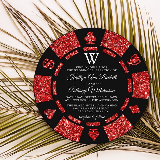 Invitación Purpurina Rojo Monograma Poker Chip Casino Boda (Subido por el creador)