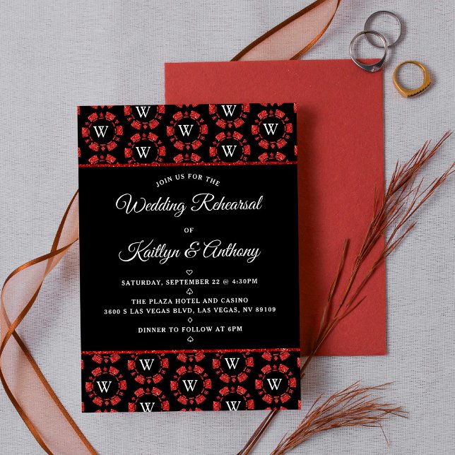Invitación Purpurina Rojo Monograma Poker Chip Casino Boda (Subido por el creador)