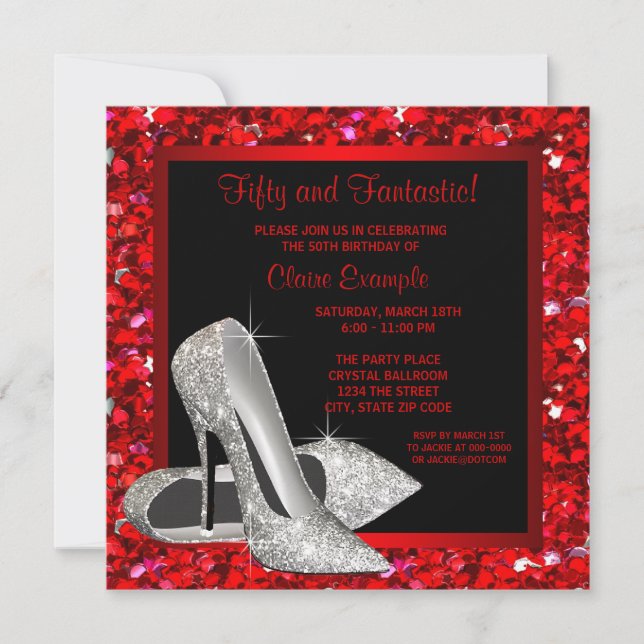 Invitación Purpurina Rojo Negro Alta tacones Mujeres 50 cumpl (Anverso)