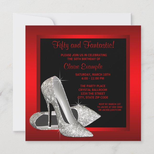 Invitación Purpurina Rojo Negro de tacones altos mujeres 50 c (Anverso)