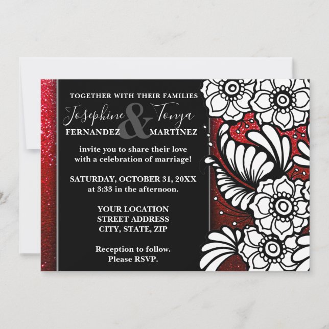 Invitación Purpurina rojo negro y blanco parkle Boda floral (Anverso)