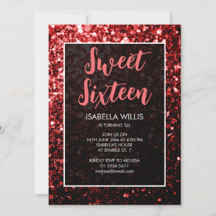 Invitación Purpurina rojo oscuro chispa Sweet 16 guión elegan