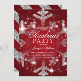 Invitación Purpurina Rojo Plateado Snowflake Fiesta de Navida