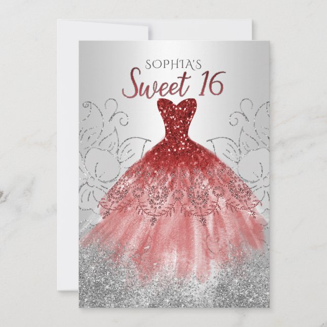 Invitación Purpurina rojo plateado Sparkle Vestido dulce de 1 (Anverso)