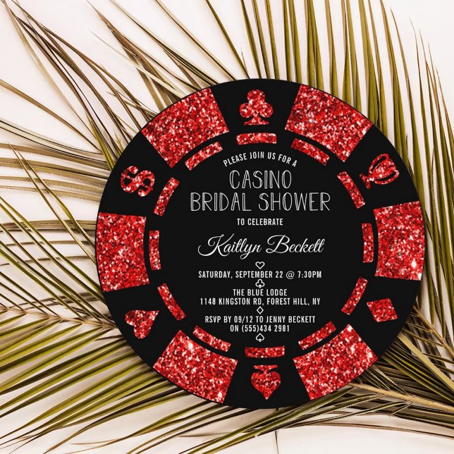 Invitación Purpurina Rojo Poker Chip Casino Bridal Shower (Subido por el creador)