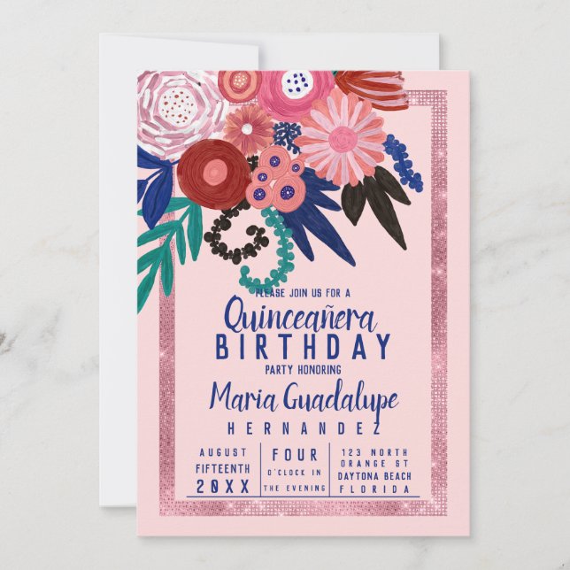 Invitación Purpurina Rojo Rosa Azul Floral Acrílico Quinceañe (Anverso)