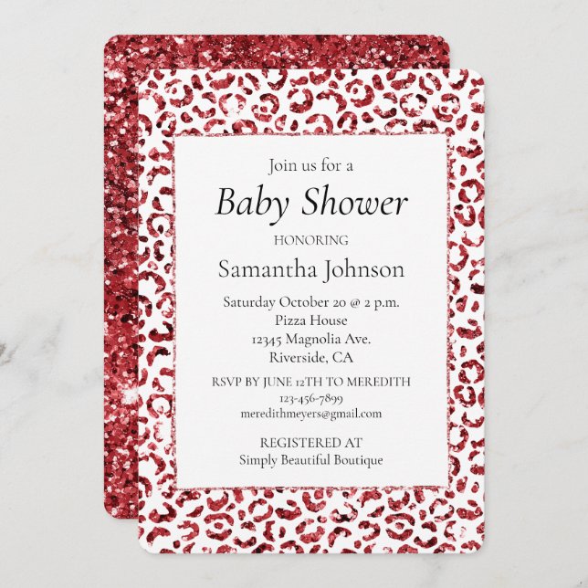 Invitación Purpurina rojo Sparkle Leopard Print (Anverso / Reverso)