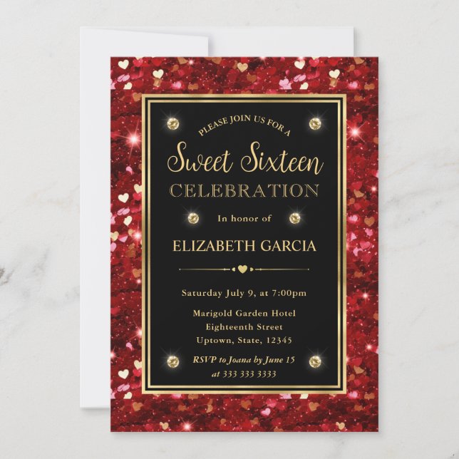 Invitación Purpurina Rojo Valentine Corazones Dulces Dieciséi (Anverso)