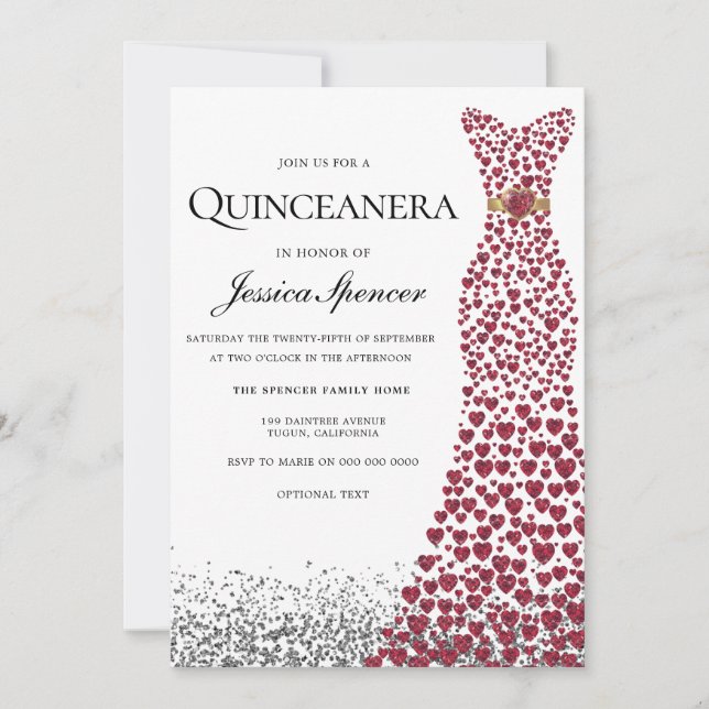 Invitación Purpurina Rojo Vestido de Corazón de Amor Quincean (Anverso)