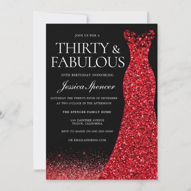 Invitación Purpurina Rojo vestido Fiesta de cumpleaños número (Anverso)