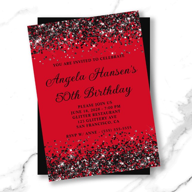 Invitación Purpurina rojo y negro 50 cumpleaños (Red and Black Glitter 50th Birthday Invitation)