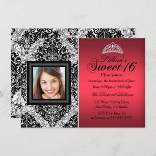 Invitación Purpurina rojo y negro Damask Photo Sweet 16
