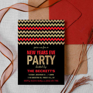 Invitación Purpurina Rojo y Oro Chevron Fiesta de Año Nuevo