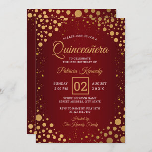 Invitación Purpurina Rojo Y Oro Confetti Quinceanera