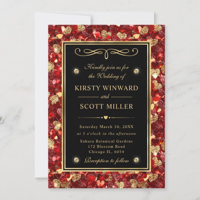 Invitación Purpurina rojo y oro Valentine Hearts Boda (Anverso)