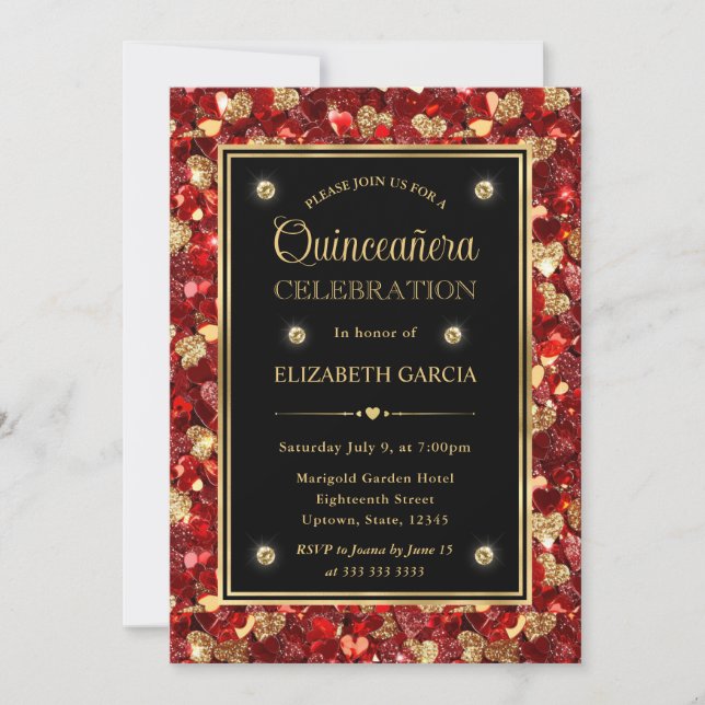 Invitación Purpurina rojo y oro Valentine Hearts Quinceanera (Anverso)