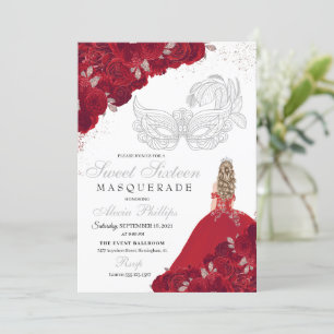 Invitación Purpurina rojo y plateado dulce 16 máscaras