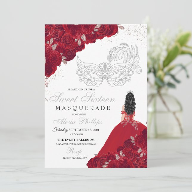 Invitación Purpurina rojo y plateado dulce 16 máscaras (Anverso de pie)