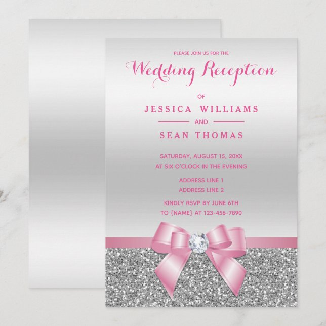 Invitación Purpurina Romántico De Bow Rosado - Recepción De B (Anverso / Reverso)