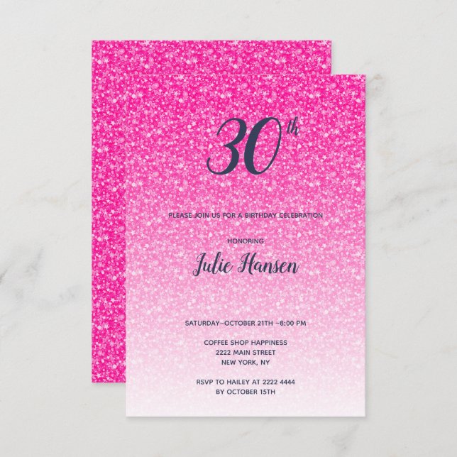 Invitación Purpurina Rosa 30 cumpleaños (Anverso / Reverso)