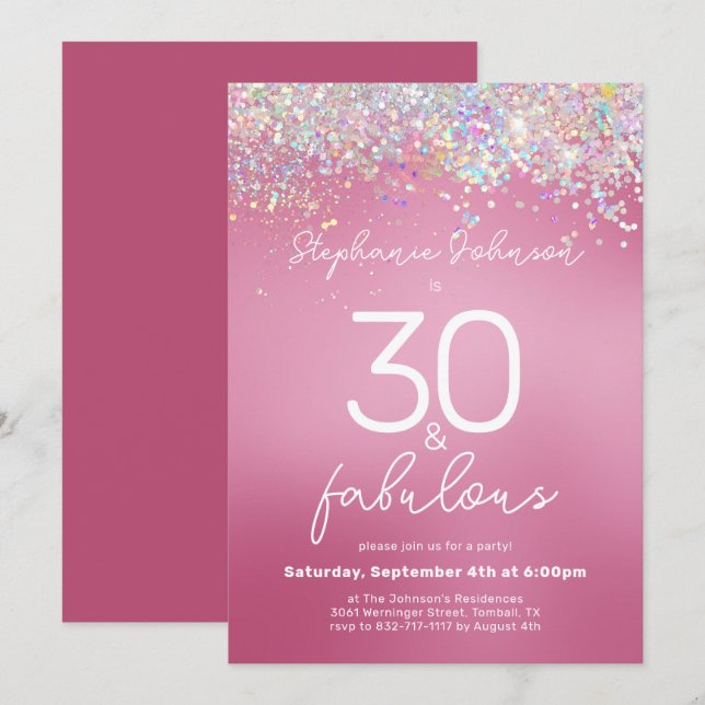 Invitación Purpurina rosa 30 y fabuloso Fiesta de cumpleaños  (Anverso / Reverso)